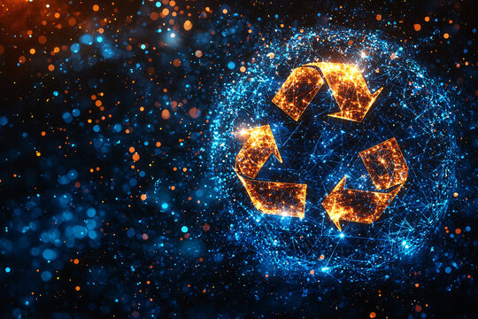 Glowing recycling arrows form a digital sphere made of bright particles and lines on a dark background, symbolizing sustainability, circular economy, and eco technology.