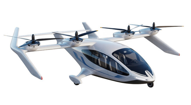 A white and blue flying car with propellers on black aircraft isolated on a transparent background