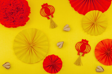 Happy Chinese New Year traditional concept. Oriental asian style paper fans on red background