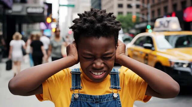 stressed african american boy covering ears with hands on city street. kid suffering from loud noise and urban traffic sound. sensory overload concept. healthcare, psychology.