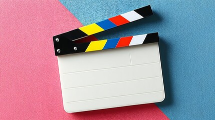 A movie clapperboard sits on a blue and pink background. The clapperboard is white and has a black and yellow stripe. The clapperboard is open, revealing the white writing on it