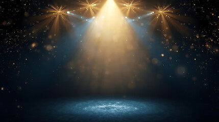 Empty stage with dramatic spotlight and shimmering bokeh particles, blue and gold lighting creating a magical atmosphere for events