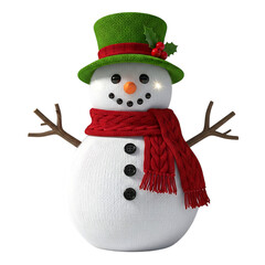 Charming snowman wearing a green knitted hat with holly and berries, a red cable-knit scarf, and black button eyes, with twig arms. Festive winter character.