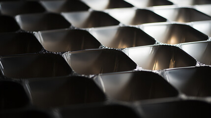 Abstract geometric pattern of silver-toned metallic shapes. The play of light and shadow accentuates the depth and texture of the repetitive form, creating a visually captivating design.