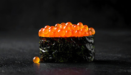Image of ikura salmon roe gunkan sushi on black background, glossy orange pearls, seaweed wrap printed on Printed Glass Splashbacks