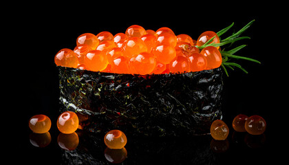 ikura salmon roe gunkan sushi on black background, glossy orange pearls, seaweed wrap