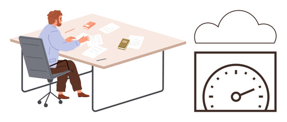 Business professional seated at desk with documents and smartphone, adjacent to cloud and speedometer icon. Ideal for productivity, technology, innovation, efficiency, cloud storage, analysis, simple