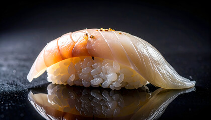 ika squid nigiri sushi single piece on black background, translucent texture, soft highlights