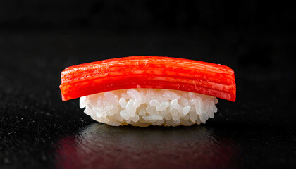 kani crab stick nigiri sushi on black background, clean lines, bright red-white color