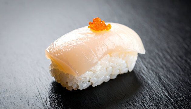 hotate scallop nigiri sushi on black background, soft creamy texture, premium look
