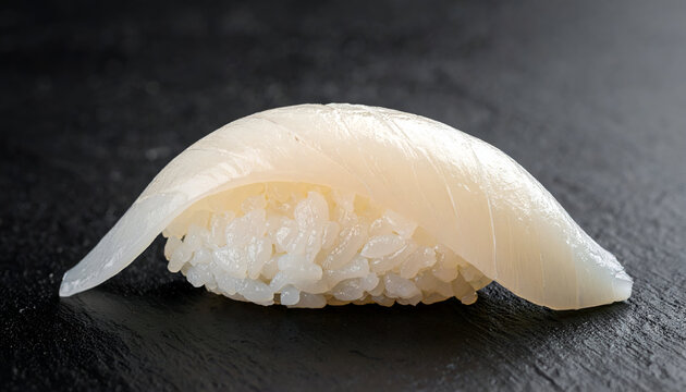 hotate scallop nigiri sushi on black background, soft creamy texture, premium look