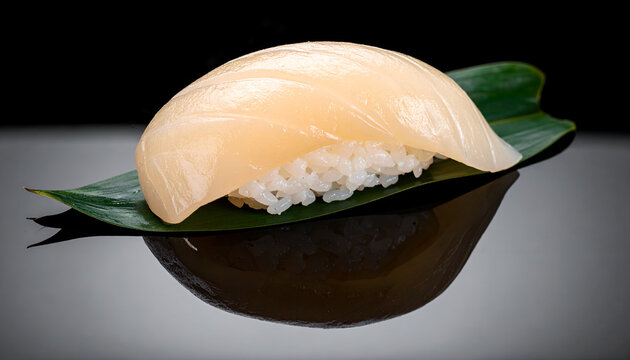 hotate scallop nigiri sushi on black background, soft creamy texture, premium look