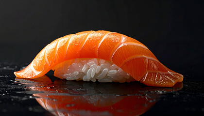 salmon nigiri sushi single piece on black background, glossy fresh texture, studio lighting