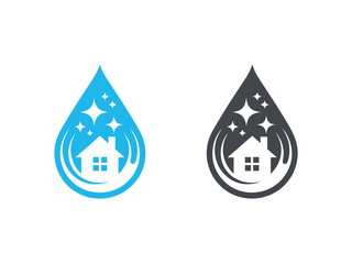 Cleaning Service Logo with Water Drop and House Symbols in Blue and Gray