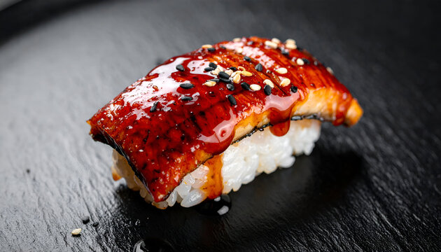 unagi grilled eel nigiri sushi on black background, caramel glaze shine, rich texture