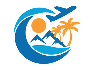 Travel logo with airplane, palm trees, and mountain landscape in blue and orange hues