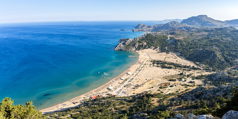 View of Tsambika Beach from above vacation at the Aegean Sea panorama Rhodes island, Greece