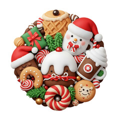 Whimsical Christmas holiday food and treats arranged in a circular pattern, featuring gingerbread, candy canes, hot chocolate, and festive characters.