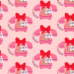 Seamless Valentine pattern with pink vintage rotary telephones, big red bows, and call me notes on a soft pastel background, perfect for romantic wrapping paper, fabric, and flirty stationery.