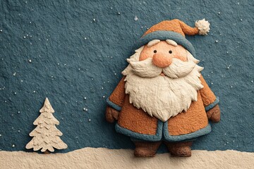 A cartoonish figure of Santa Claus stands in front of a tree on a snowy hill. background Concept.