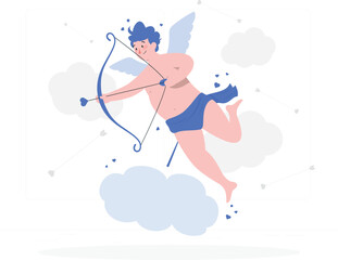 Cupid flying with bow and arrow among clouds and hearts cherub winged blue hair blue underwear