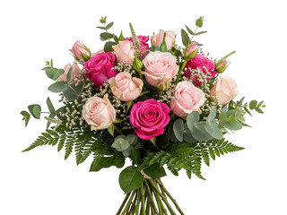 Delicate pink rose bouquet with greenery isolated on transparent background