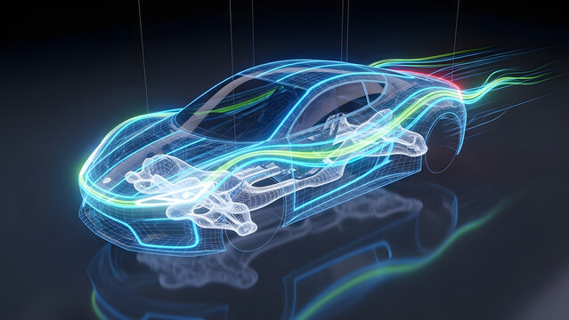 Future car design concept: A transparent visualization of a high-performance vehicle chassis and components with airflow analysis lines
