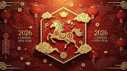 Vibrant 2026 chinese new year background with golden horse design, red lanterns, and festive decorations