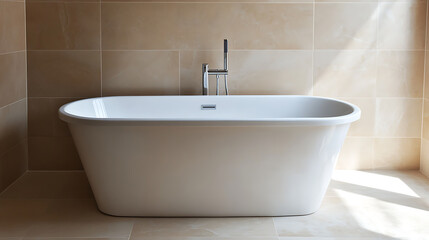Fototapeta premium Elegant bathtub with modern faucet in a neutral-toned bathroom setting, bathed in soft, natural light. Serene and inviting, perfect for relaxation.
