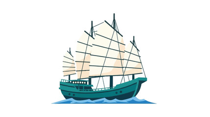 A beautiful illustration of a traditional chinese junk ship sailing on water © Rabbi