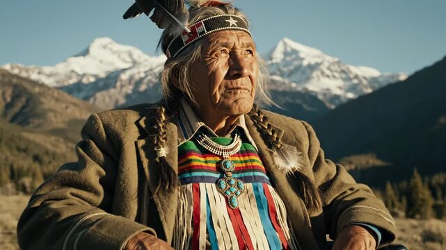 portrait of elderly native american man in traditional clothing with turquoise jewelry in wheelchair. snow capped mountains background. cultural heritage concept. history education, travel 