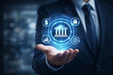 Businessman presenting digital banking services and financial security technology