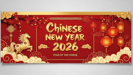 Chinese new year 2026 celebration banner with golden horse, lanterns, and red background, symbolizing good fortune and prosperity in the year