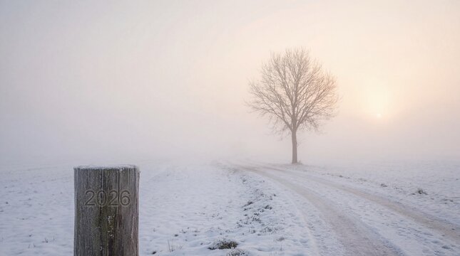 Snowy landscape with tree and road at sunrise or sunset - Powered by Adobe
