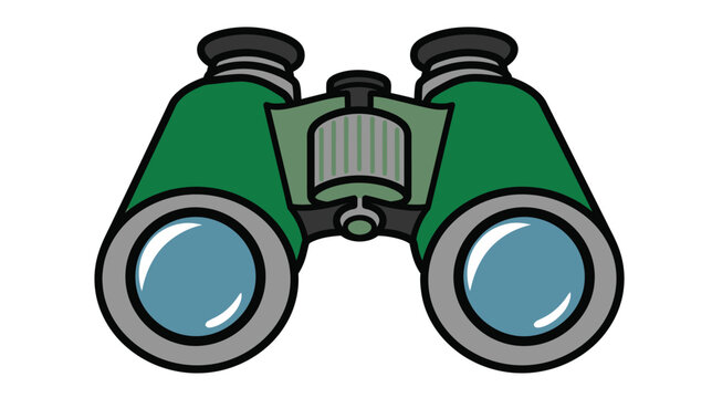 A cartoon illustration of a pair of green binoculars with silver details