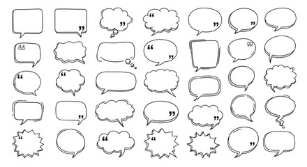 Fototapeta premium Vibrant collection of hand drawn speech bubbles in various shapes and sizes arranged in neat rows across a monochrome doodle illustration.