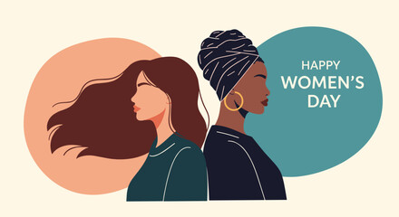 Two stylish women stand back to back beneath pastel circles celebrating the strength resilience and beauty of women on a joyful day dedicated to empowerment.