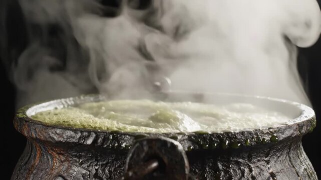 Smoking cauldron filled with bubbling green liquid
