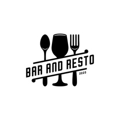 Bar and resto, spoon, fork and a glass of wine design