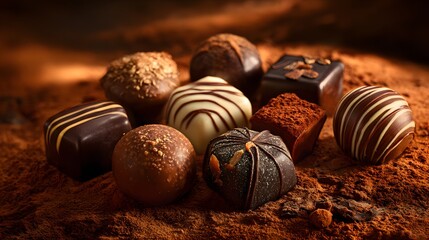 Assortment of Gourmet Chocolates on Cocoa Powder Background.