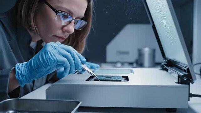 Woman technician repairs circuit board with tweezers in lab. Engineer examines microchip on circuit board. Technician in glove works on circuit board repair. Specialist inspects electronic circuit boa