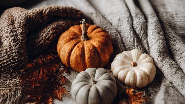 Pumpkins with knitted blanket for autumn and fall decor in cozy home interior, warm seasonal styling, rustic living space, soft textures, inviting atmosphere, hygge design