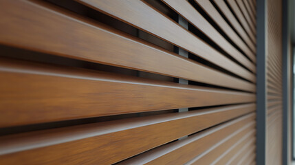 Captivating close-up of horizontally aligned wood slats, showcasing modern architectural design. The smooth, warm tones create a visually appealing and inviting space.