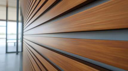 Wood slats create a dynamic, modern wall. The horizontal lines add visual interest and texture. Warm tones bring natural elegance. A stylish architectural design.