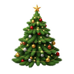 Classic green Christmas tree decorated with golden lights, red and gold baubles, and topped with a shining star. Traditional festive holiday centerpiece.