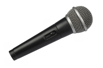 Black microphone with silver grill and switch isolated on a transparent background