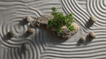 A miniature Zen garden with a small plant growing on a rock, with pebbles and raked sand creating a serene and minimalist design. The image evokes a sense of peace and tranquility