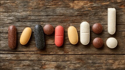 Various colorful dietary supplements and tablets arranged on rough wooden surface forming an exclamation mark