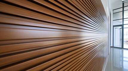 Wood panels line a hallway, creating a textured architectural wall feature. Light plays across the surface, highlighting the grooves and adding dimension to the space.
