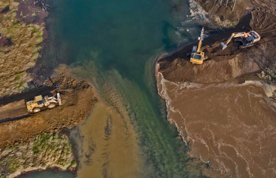River Dredging Site with Excavators - Aerial Construction View